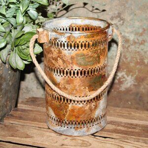 Large Ornate Rustic Farmhouse Metal Die Cut Bucket Pail with Rope Handle